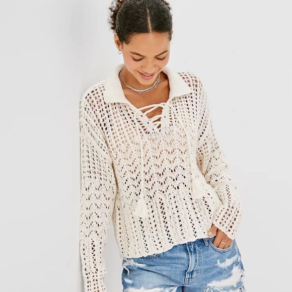 American Eagle Outfitters Sweaters - AMERICAN EAGLE CROCHET POLO SWEATER WITH TASSEL LACES